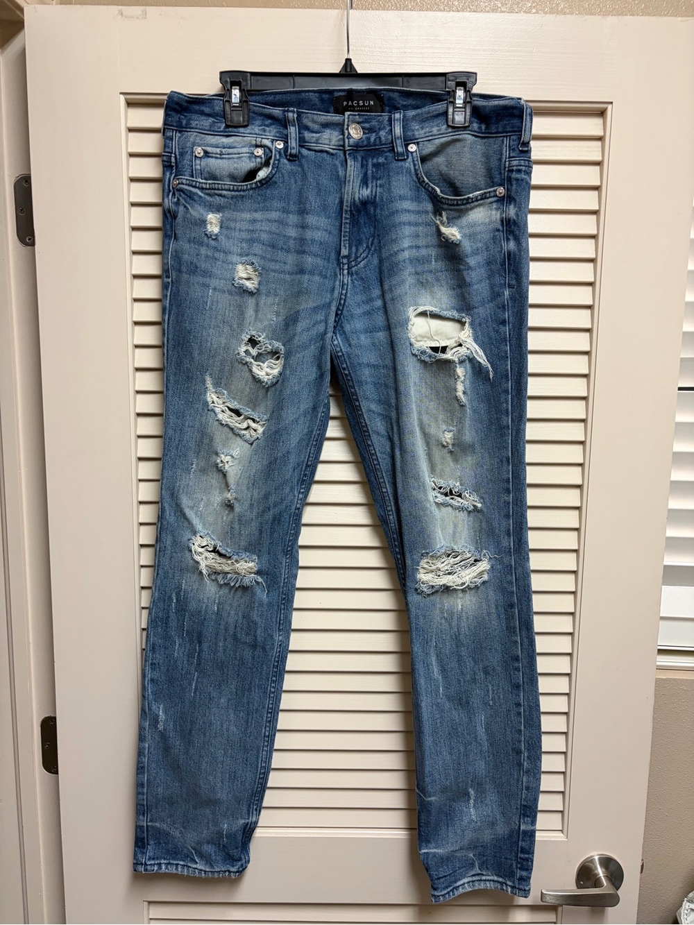 PacSun Mens 32x30 Skinny Jeans Blue Distressed Ripped Stretch Denim Grunge Skate